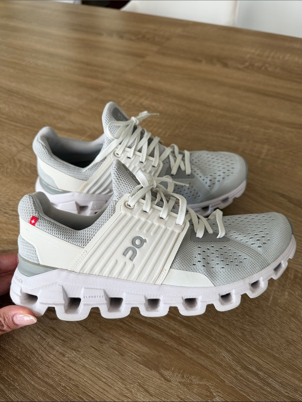On Running White and Light Gray Knit Running Shoes